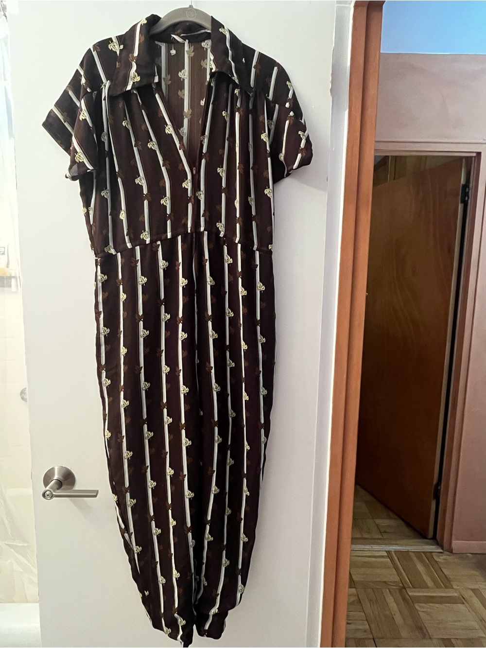 Vintage Fall Jumpsuit 🍂 Brown Striped Short-Sleeve Jumpsuit with Collar